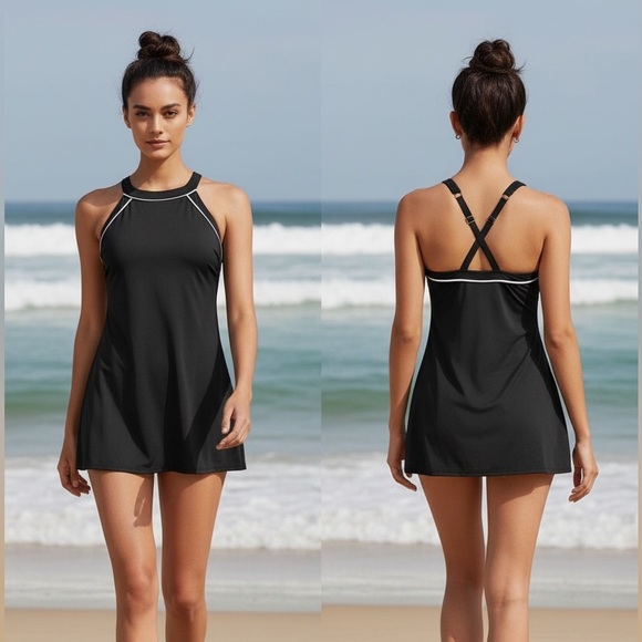Lands End Swim Dress black high neck - Picture 3 of 8